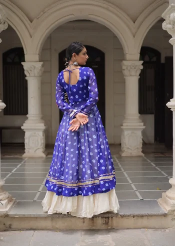 Blue Bandhani Print Kutchi Patchwork Navratri Kurti Lehenga Set back