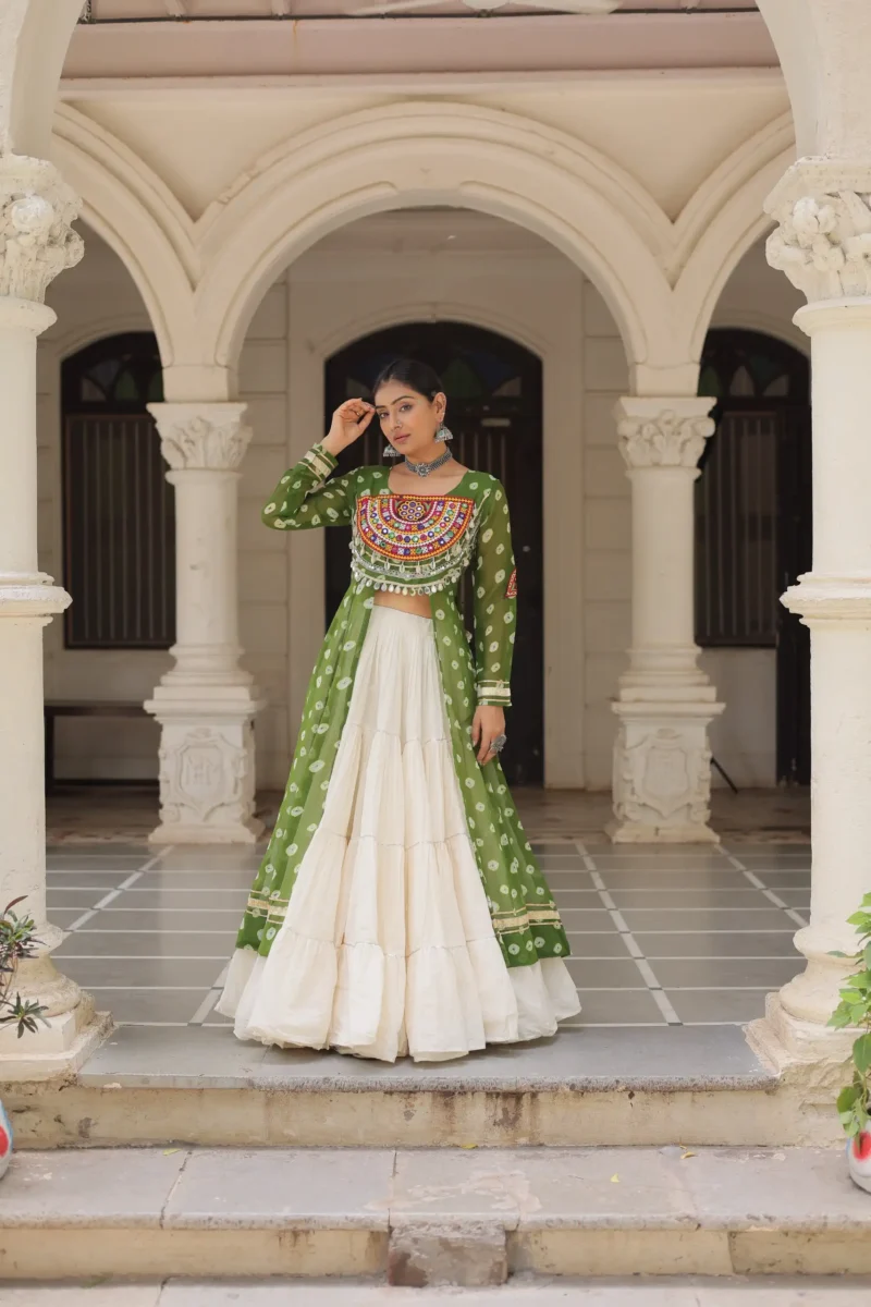 Green Bandhani Print Kutchi Patchwork Navratri Kurti Lehenga Set