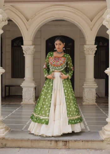 Green Bandhani Print Kutchi Patchwork Navratri Kurti Lehenga Set front look