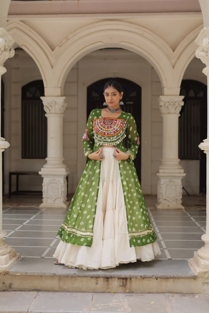 Green Bandhani Print Kutchi Patchwork Navratri Kurti Lehenga Set front look