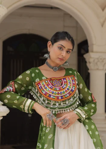 Green Bandhani Print Kutchi Patchwork Navratri Kurti Lehenga Set close look