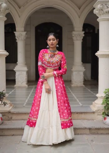 Pink Bandhani Print Kutchi Patchwork Navratri Kurti Lehenga Set