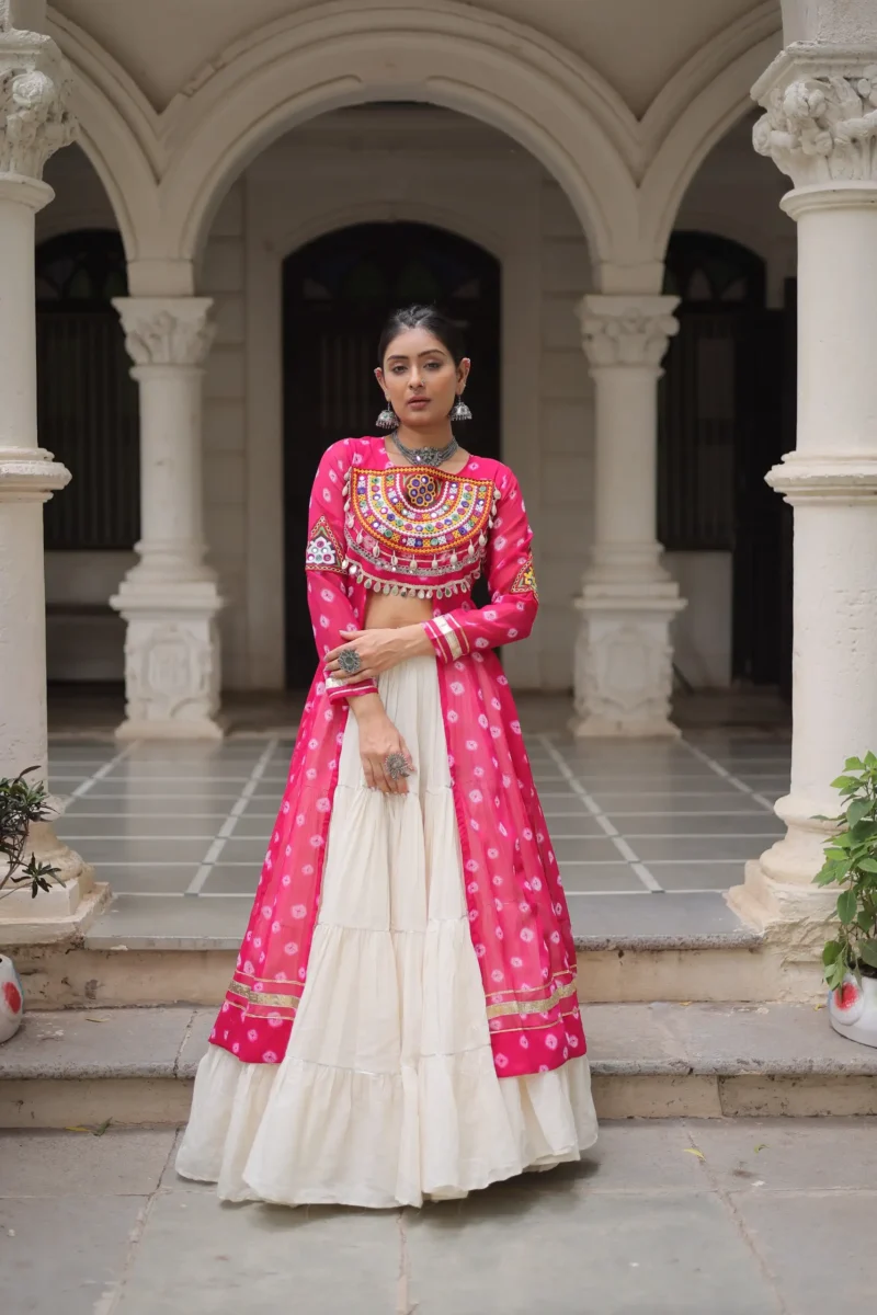 Pink Bandhani Print Kutchi Patchwork Navratri Kurti Lehenga Set