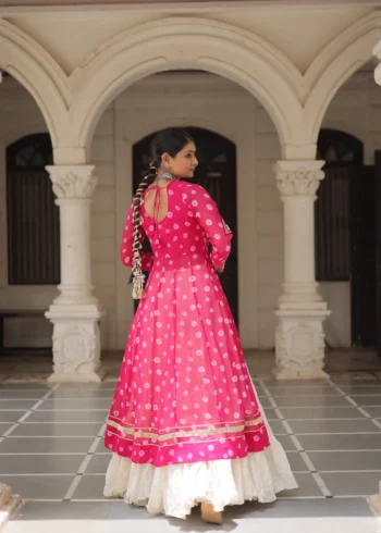 Pink Bandhani Print Kutchi Patchwork Navratri Kurti Lehenga Set back design
