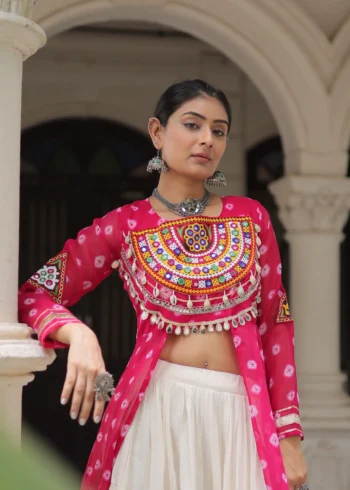 Pink Bandhani Print Kutchi Patchwork Navratri Kurti Lehenga Set close look