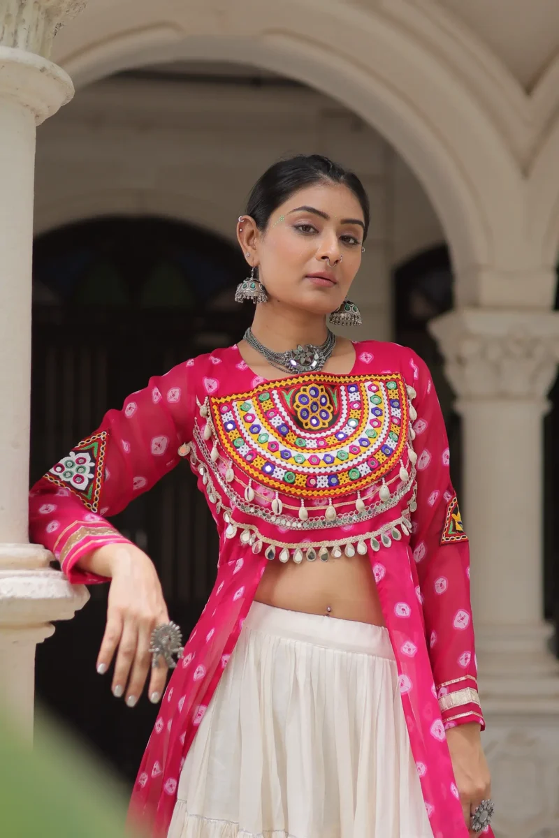 Pink Bandhani Print Kutchi Patchwork Navratri Kurti Lehenga Set close look