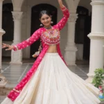 Pink Bandhani Print Kutchi Patchwork Navratri Kurti Lehenga Set flair look