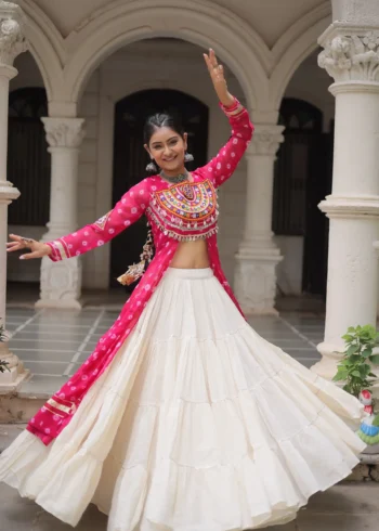 Pink Bandhani Print Kutchi Patchwork Navratri Kurti Lehenga Set flair look
