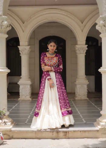 Wine Bandhani Print Kutchi Patchwork Navratri Kurti Lehenga Set