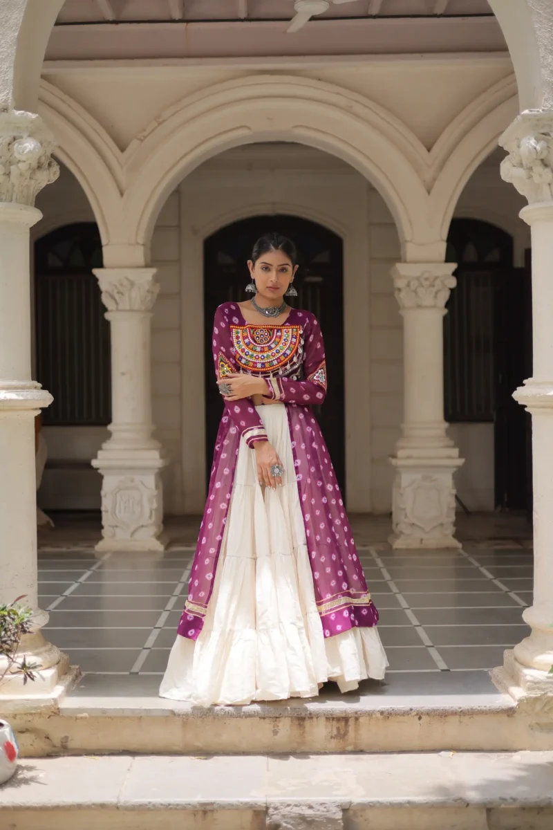 Wine Bandhani Print Kutchi Patchwork Navratri Kurti Lehenga Set