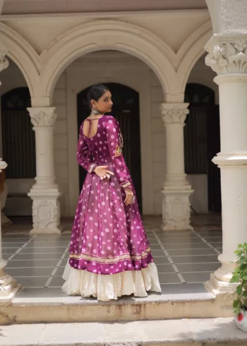Wine Bandhani Print Kutchi Patchwork Navratri Kurti Lehenga Set back design