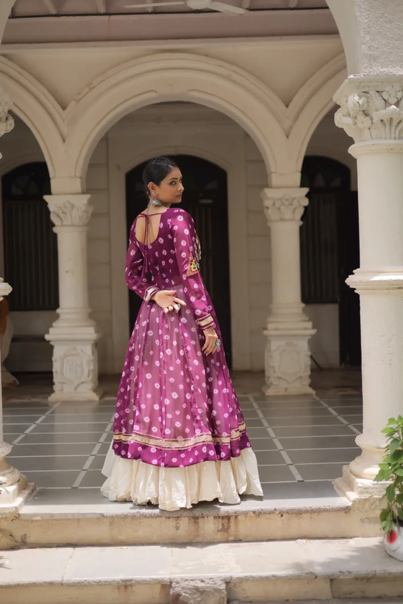 Wine Bandhani Print Kutchi Patchwork Navratri Kurti Lehenga Set back design