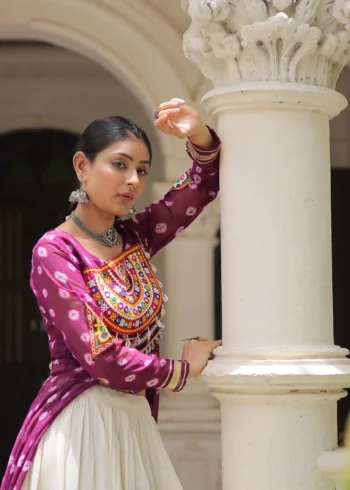 Wine Bandhani Print Kutchi Patchwork Navratri Kurti Lehenga Set close look