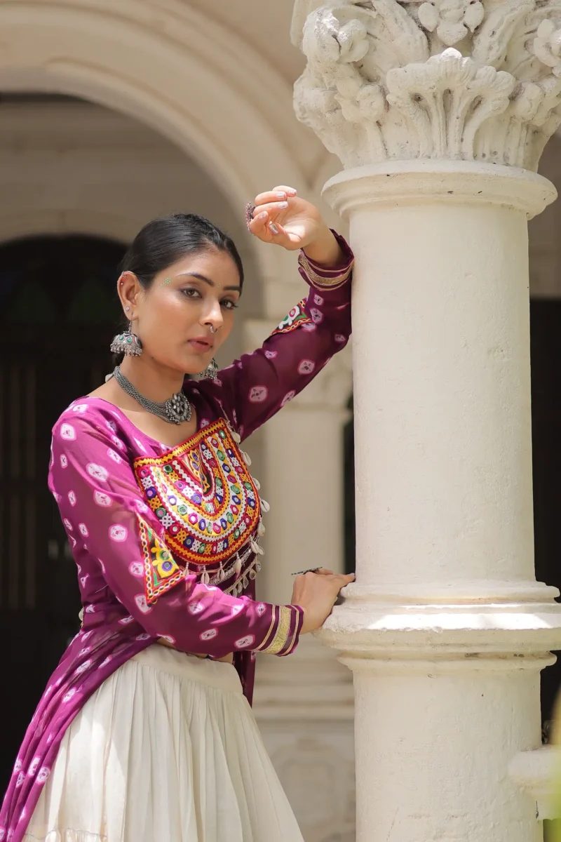 Wine Bandhani Print Kutchi Patchwork Navratri Kurti Lehenga Set close look