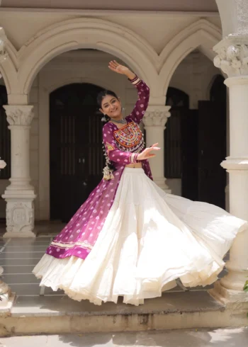 Wine Bandhani Print Kutchi Patchwork Navratri Kurti Lehenga Set flair look