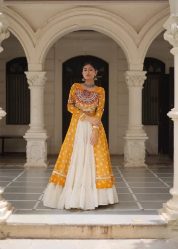 Yello Bandhani Print Kutchi Patchwork Navratri Kurti Lehenga Set
