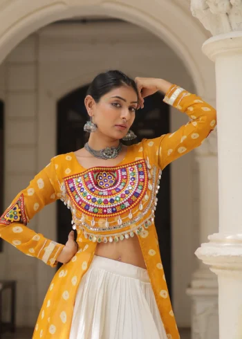 Yello Bandhani Print Kutchi Patchwork Navratri Kurti Lehenga Set close