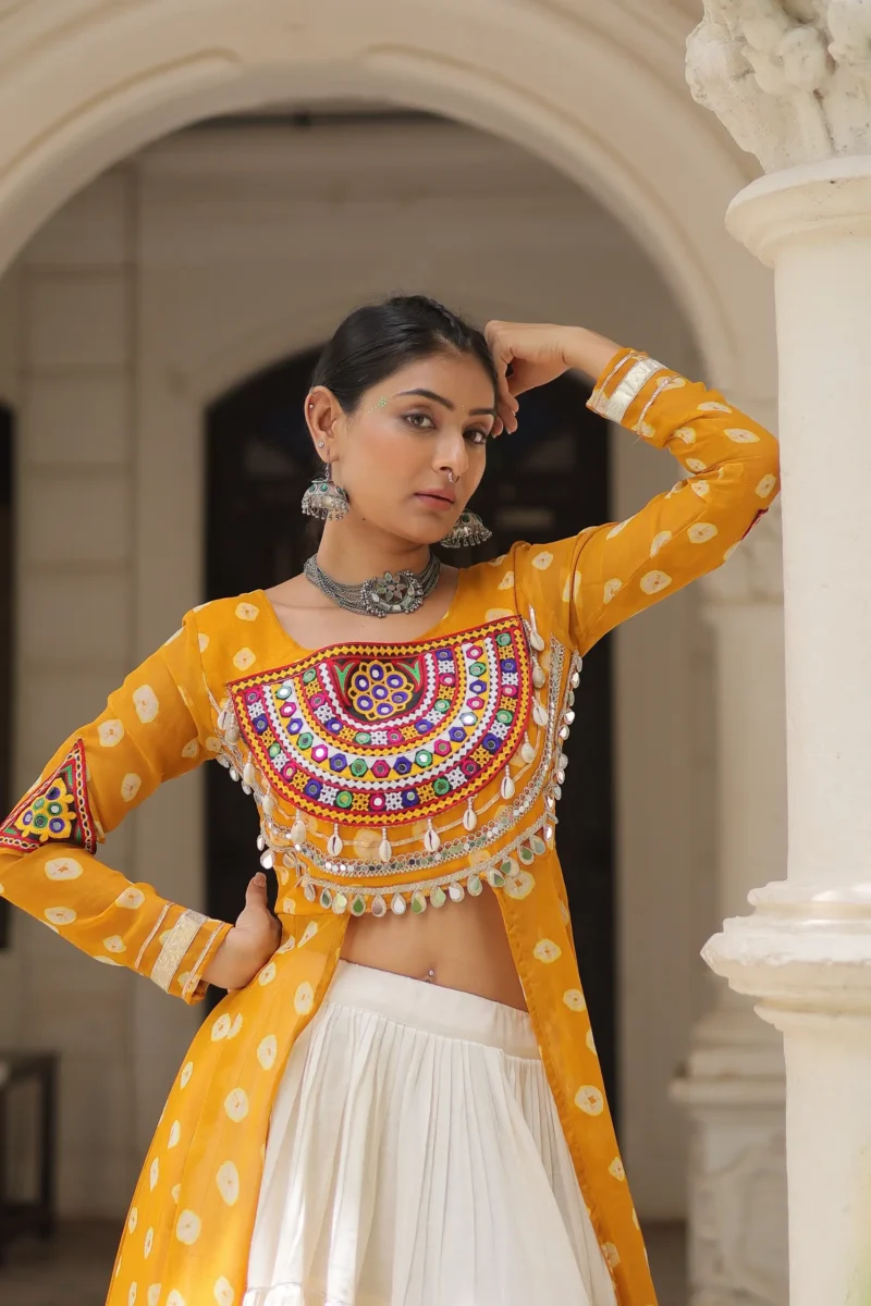 Yello Bandhani Print Kutchi Patchwork Navratri Kurti Lehenga Set close
