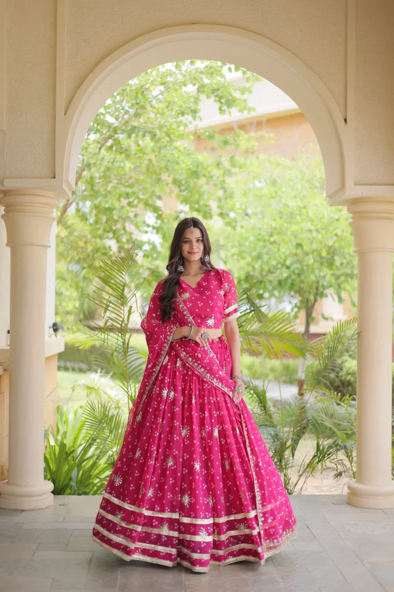 Pink Colour Bandhej Print Navratri Lehenga Choli with Dupatta front look