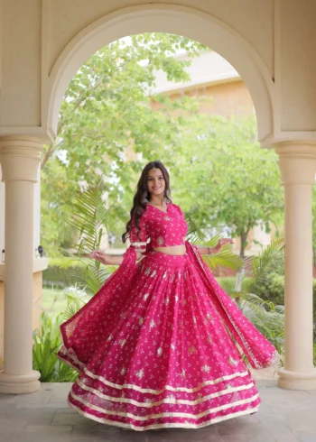 Pink Colour Bandhej Print Navratri Lehenga Choli with Dupatta full gher flair