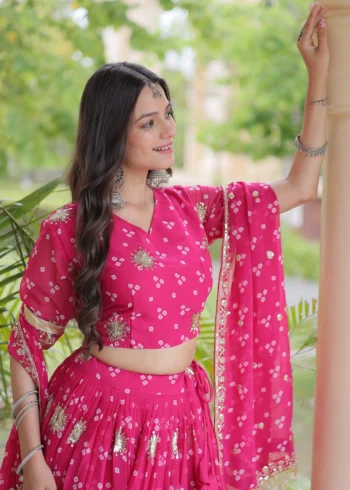 Pink Colour Bandhej Print Navratri Lehenga Choli with Dupatta close look