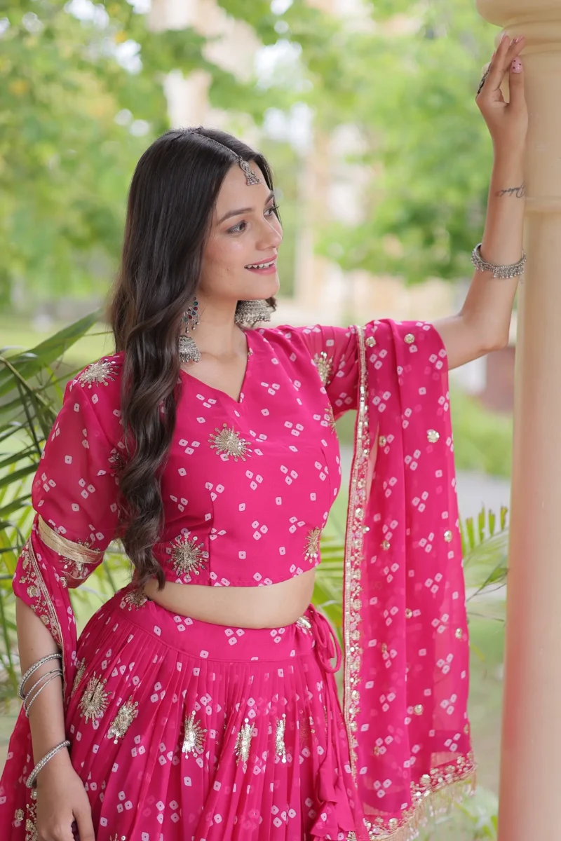 Pink Colour Bandhej Print Navratri Lehenga Choli with Dupatta close look