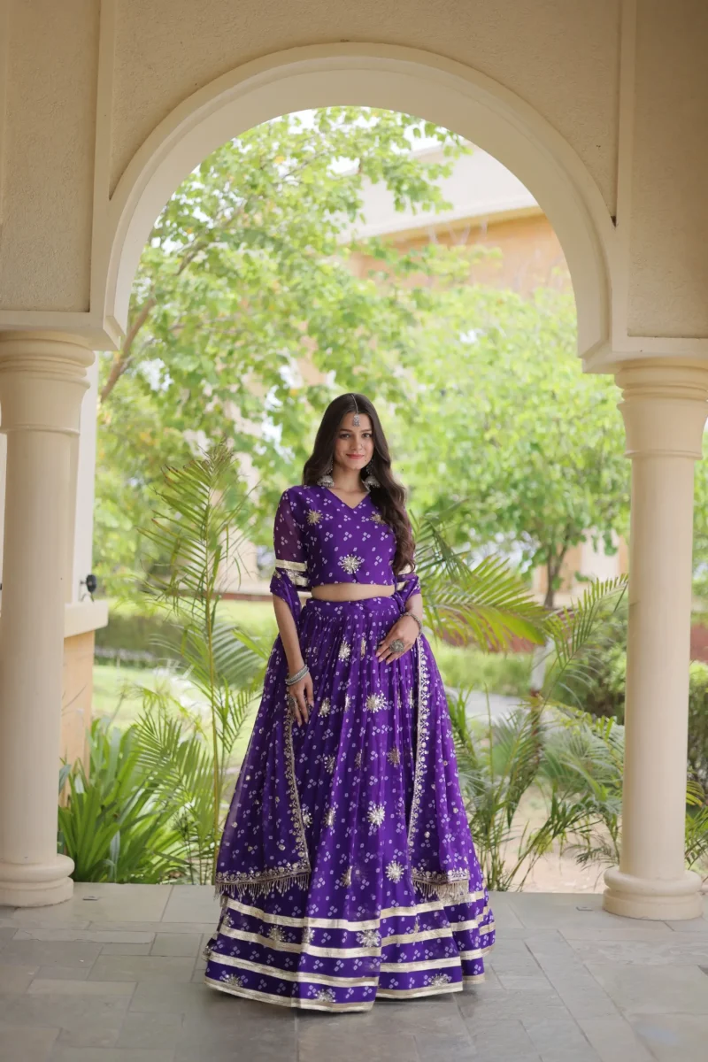 Purple Colour Bandhej Print Navratri Lehenga Choli with Dupatta front design