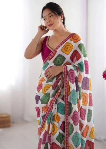 White Bandhej Printed Georgette Regular Wear Saree close look