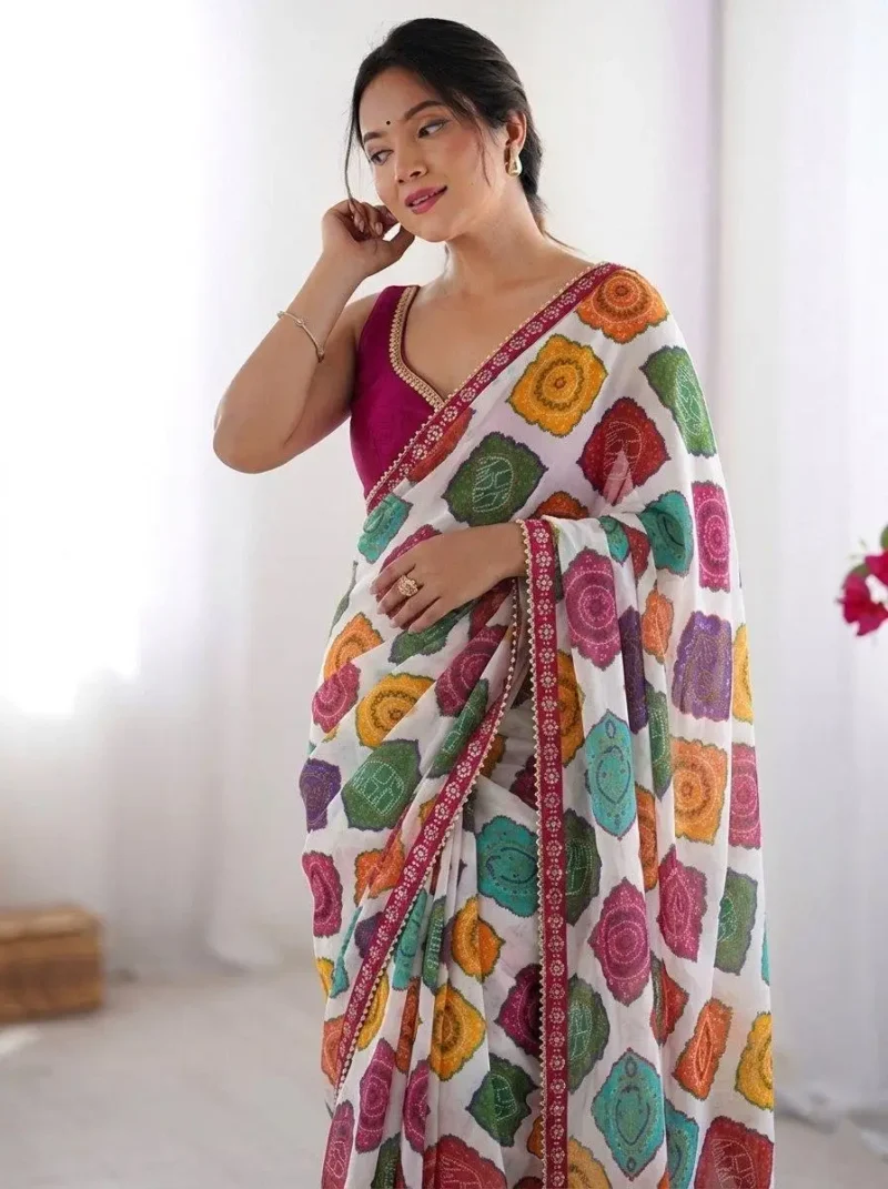 White Bandhej Printed Georgette Regular Wear Saree close look