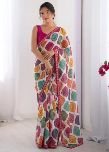 White Bandhej Printed Georgette Regular Wear Saree