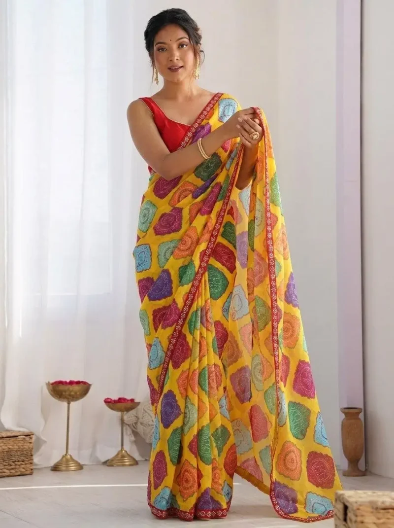Yellow Bandhej Printed Georgette Regular Wear Saree