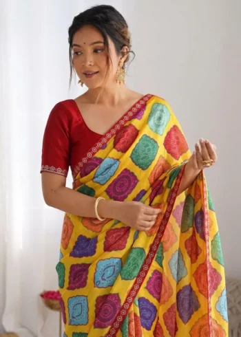 Yellow Bandhej Printed Georgette Regular Wear Saree close look