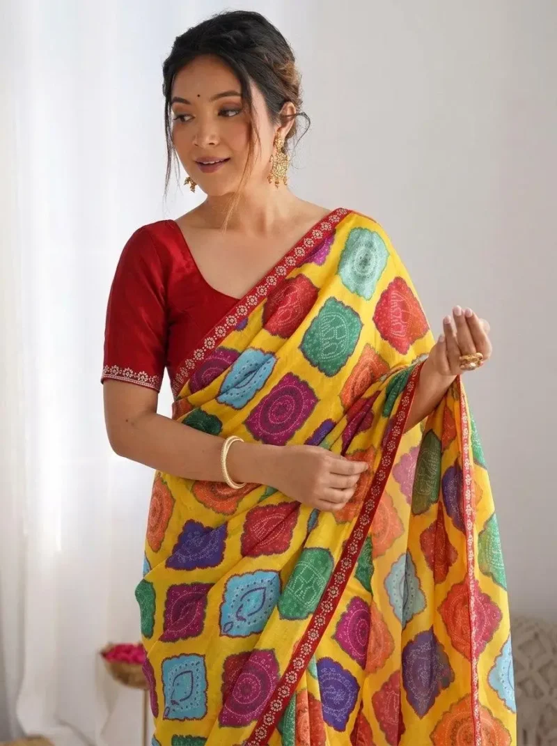 Yellow Bandhej Printed Georgette Regular Wear Saree close look