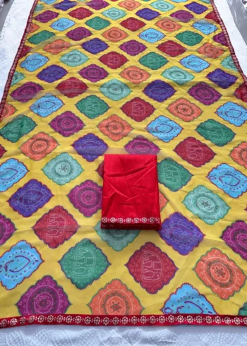 Yellow Bandhej Printed Georgette Regular Wear Saree live close