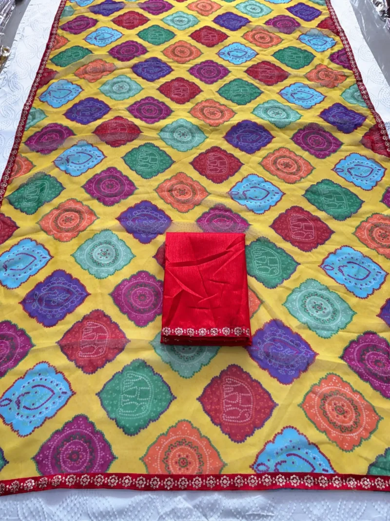 Yellow Bandhej Printed Georgette Regular Wear Saree live close