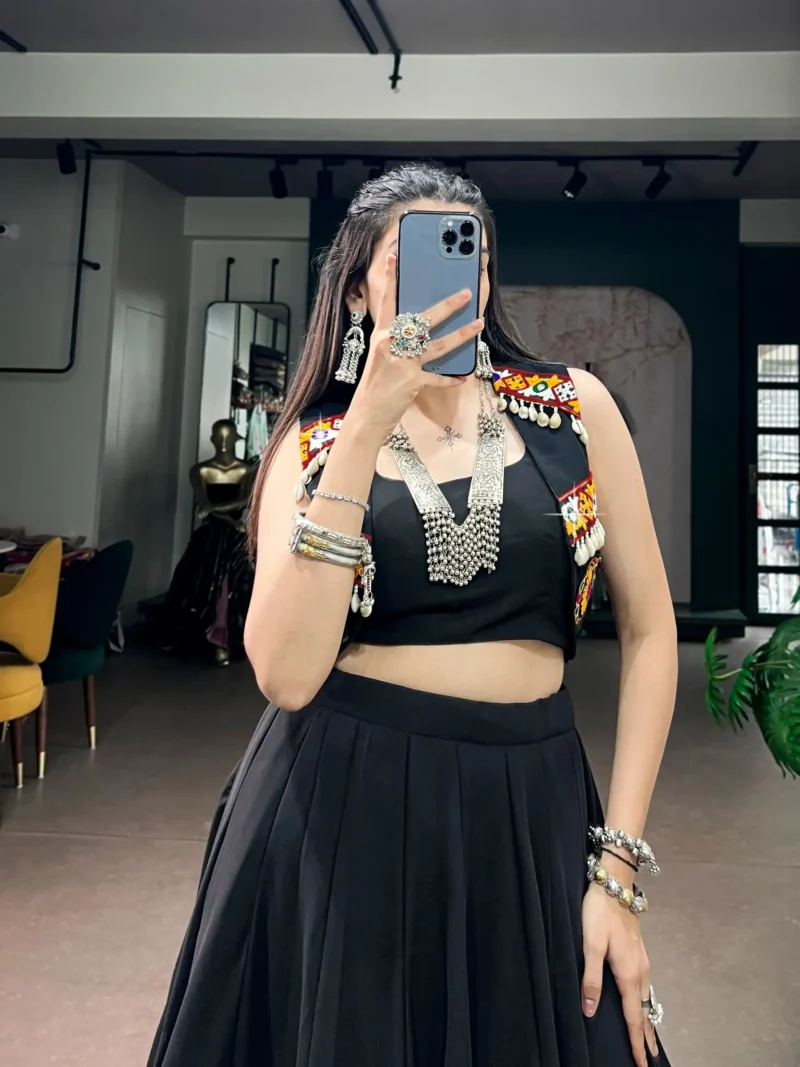 Black Georgette Navratri Lehenga with Traditional Gamthi Work Koti close look