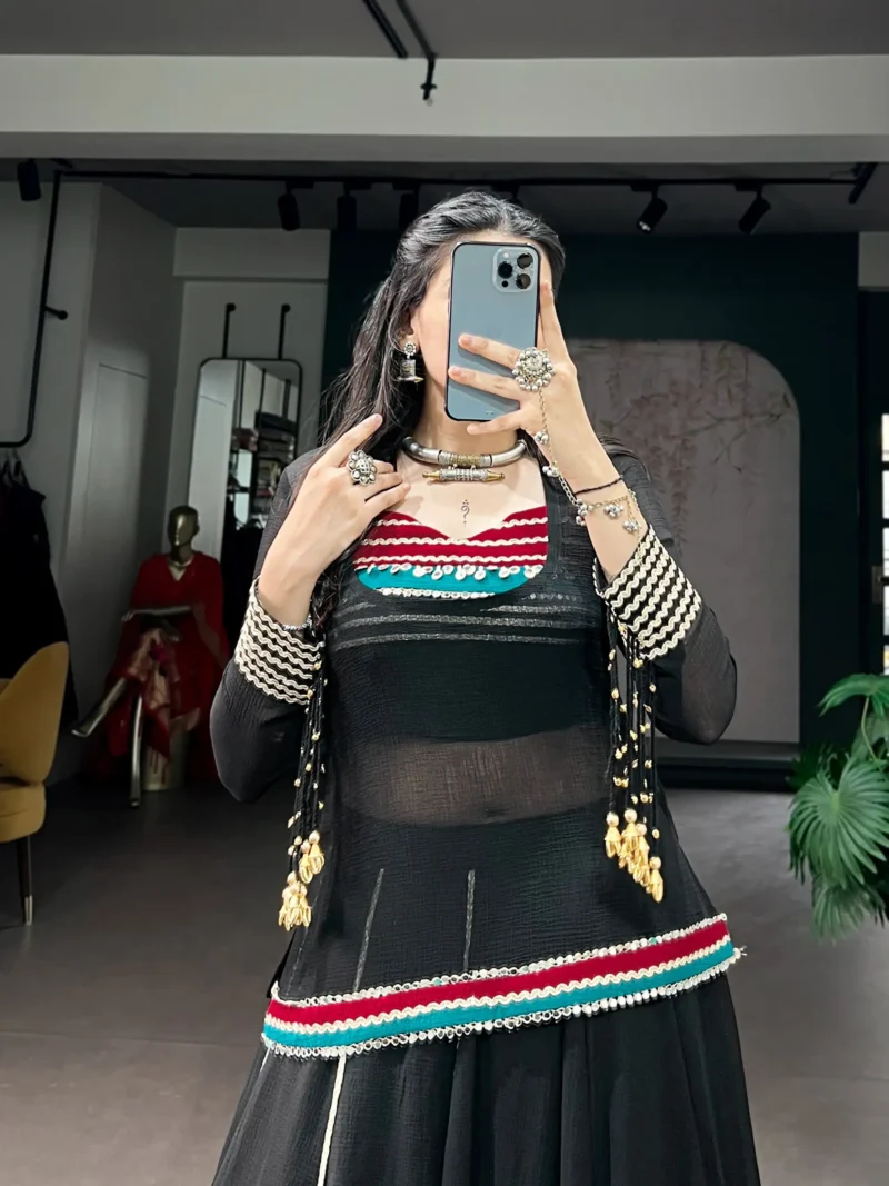 Black Marble Navratri Lehenga with Cowrie Bell Detailing and Sheer Tunic close look
