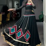 Black Marble Navratri Lehenga with Cowrie Bell Detailing and Sheer Tunic full flair