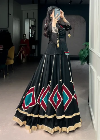 Black Marble Navratri Lehenga with Cowrie Bell Detailing and Sheer Tunic back side look
