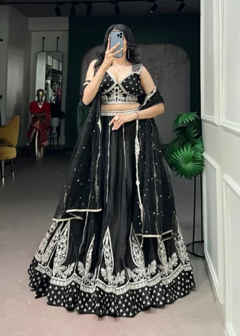 Black Naysha Silk Designer Party Wear Lehenga with Sequins front look