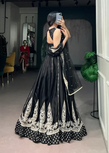 Black Naysha Silk Designer Party Wear Lehenga with Sequins back side design