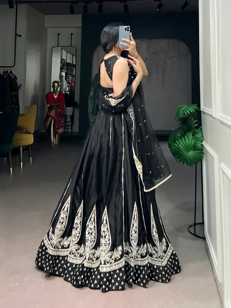 Black Naysha Silk Designer Party Wear Lehenga with Sequins back side design