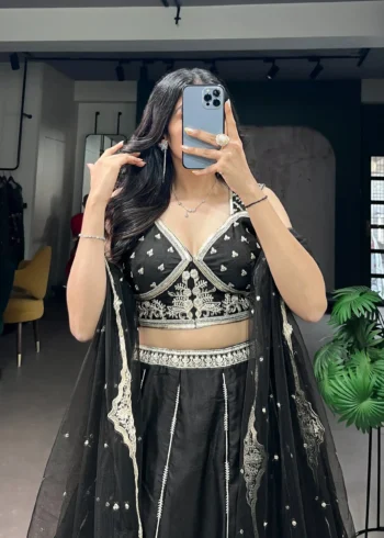 Black Naysha Silk Designer Party Wear Lehenga with Sequins close look