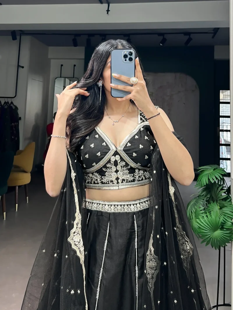 Black Naysha Silk Designer Party Wear Lehenga with Sequins close look