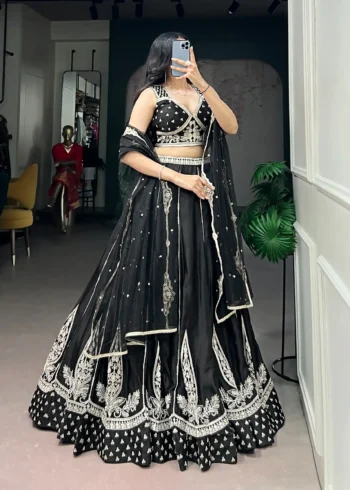 Black Naysha Silk Designer Party Wear Lehenga with Sequins front look