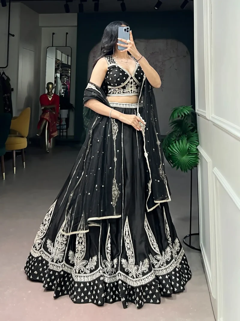 Black Naysha Silk Designer Party Wear Lehenga with Sequins front look