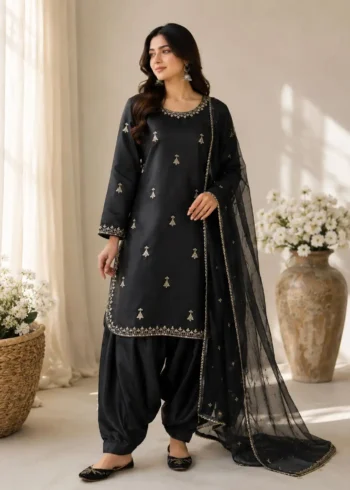 Black Premium Satin Farsi Suit with Sequins Embroidered Organza Dupatta front look