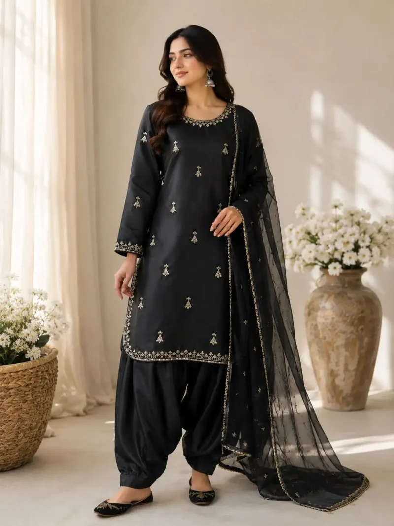 Black Premium Satin Farsi Suit with Sequins Embroidered Organza Dupatta front look