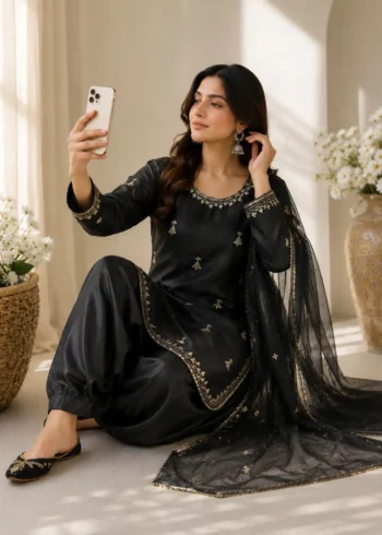 Black Premium Satin Farsi Suit with Sequins Embroidered Organza Dupatta sitting look
