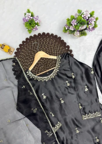 Black Premium Satin Farsi Suit with Sequins Embroidered Organza Dupatta neck design